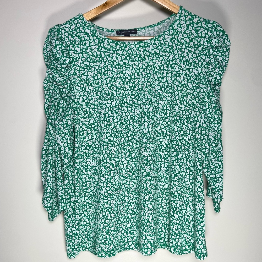 Adrianna Papell Floral Blouse Green Crew Neck Top Business Work Office Shirt L